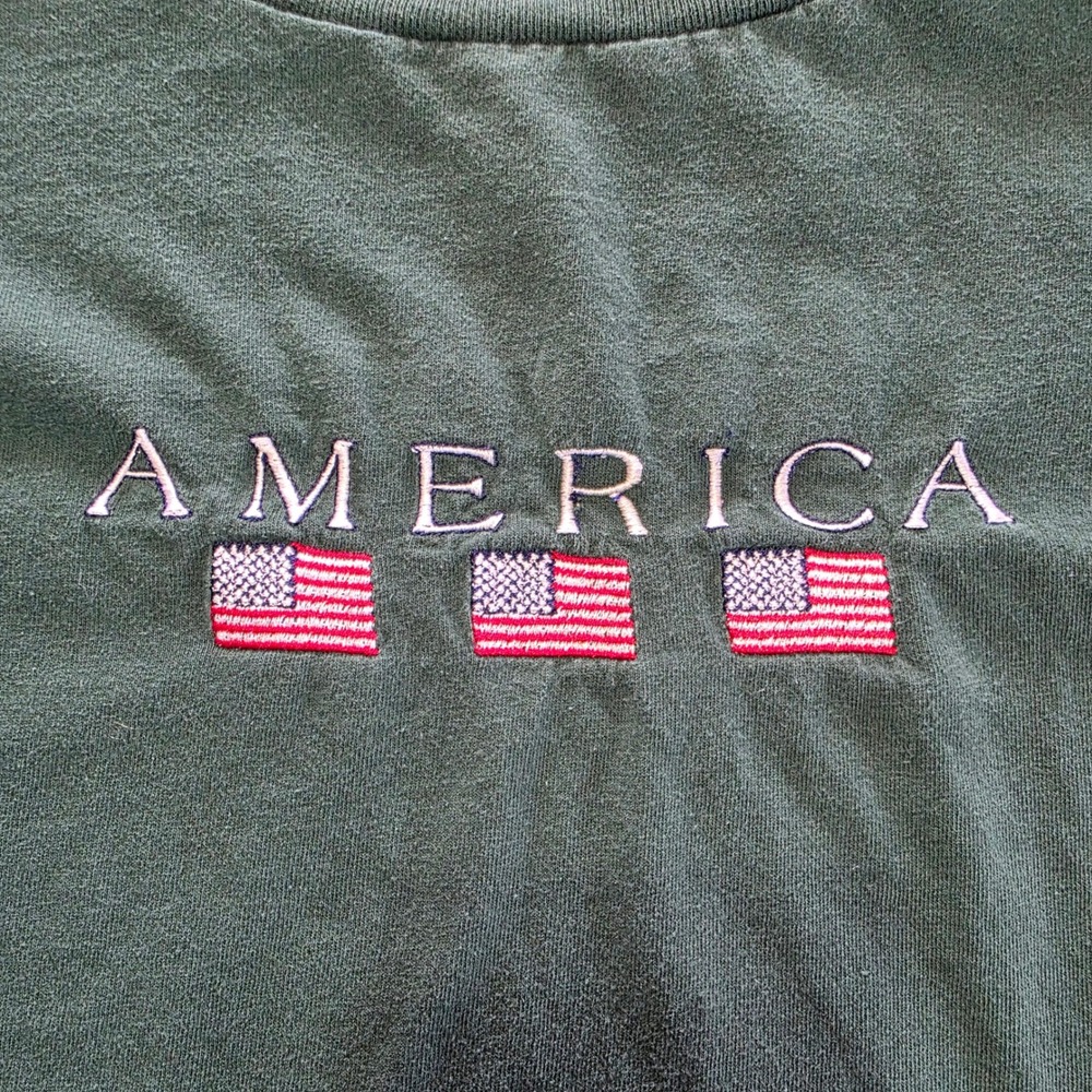Vintage America Embroidered Tee‎ Shirt Green Patriotic Graphic Unisex Size XL
